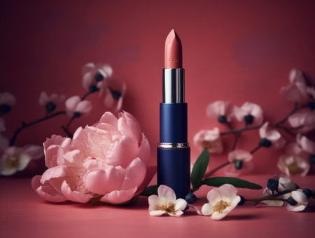 Beautiful pink lipstick with blue luxury case and pink flowers. Generative AIの素材