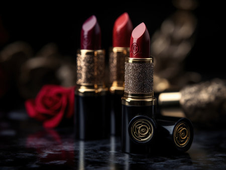 luxurious red lipstick on dark background. Generative AIの素材