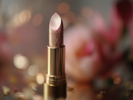 Gorgeous pink lipstick with floral background. Generative AIの素材
