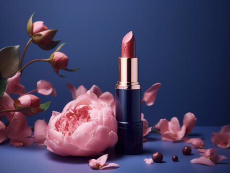 Beautiful pink lipstick with blue luxury case and pink flowers. Generative AIの素材