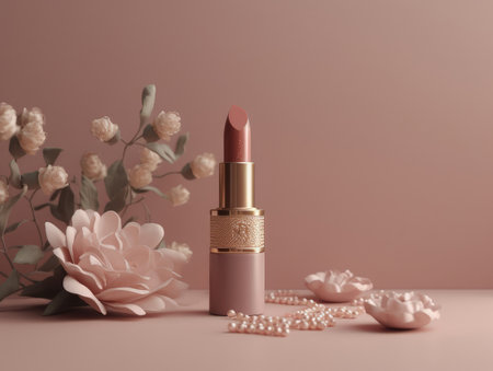 Gorgeous pink lipstick with floral background. Generative AIの素材