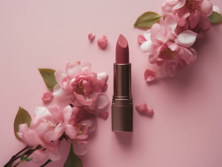 Top view of pretty pink lipstick on pink background with flowers. Generative AIの素材