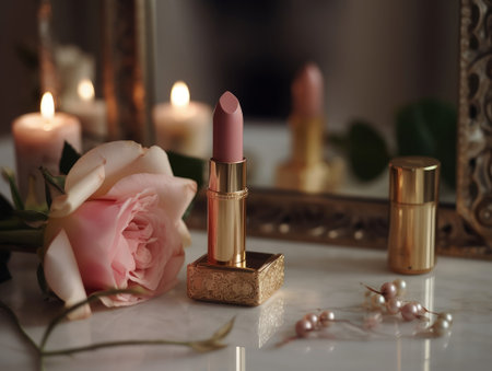 Gorgeous pink lipstick with floral background. Generative AIの素材