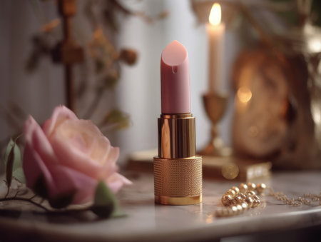 Gorgeous pink lipstick with floral background. Generative AIの素材