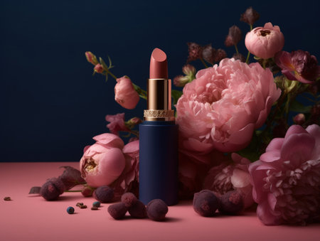 Beautiful pink lipstick with blue luxury case and pink flowers. Generative AIの素材