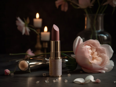 Gorgeous pink lipstick with floral background. Generative AIの素材