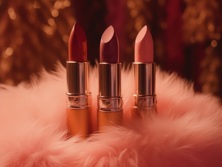 glamorous pink lipstick on fur background. Generative AIの素材