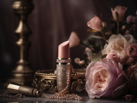 Gorgeous pink lipstick with floral background. Generative AIの素材