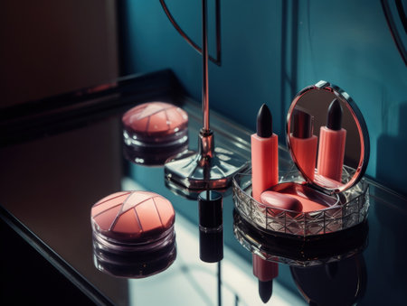 Luxurious pink make up and perfume set on the pink table. Generative AIの素材