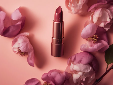 Top view of pretty pink lipstick on pink background with flowers. Generative AIの素材