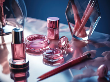 Luxurious pink make up and perfume set on the pink table. Generative AIの素材