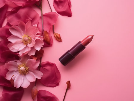 Top view of pretty pink lipstick on pink background with flowers. Generative AIの素材