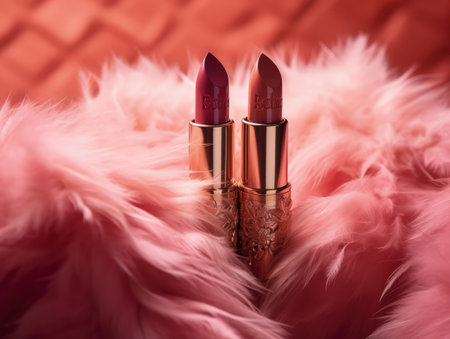 glamorous pink lipstick on fur background. Generative AIの素材