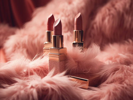 glamorous pink lipstick on fur background. Generative AIの素材