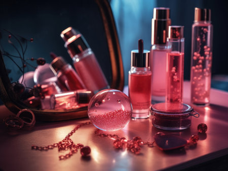 Luxurious pink make up and perfume set on the pink table. Generative AIの素材