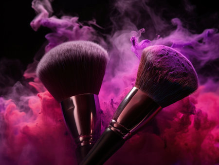 Make up brush with purple powder isolated on black background. Generative AIの素材