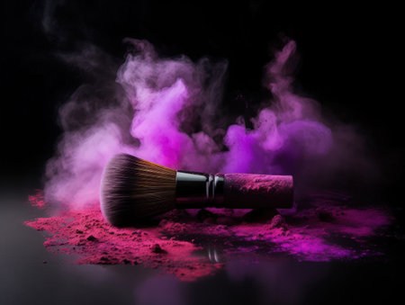 Make up brush with purple powder isolated on black background. Generative AIの素材