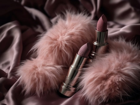 glamorous pink lipstick on fur background. Generative AIの素材