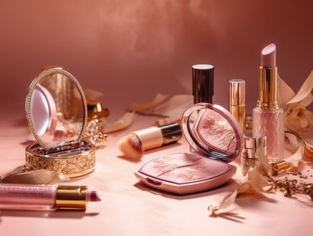 Luxurious pink make up and perfume set on the pink table. Generative AIの素材