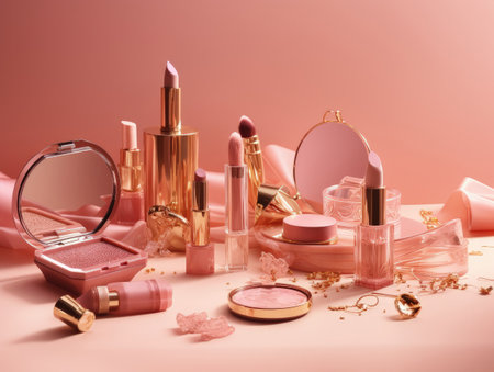 Luxurious pink make up and perfume set on the pink table. Generative AIの素材