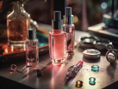 Luxurious pink make up and perfume set on the pink table. Generative AIの素材