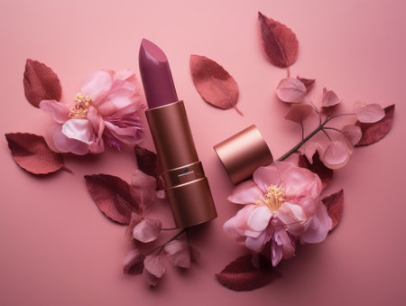 Top view of pretty pink lipstick on pink background with flowers. Generative AIの素材
