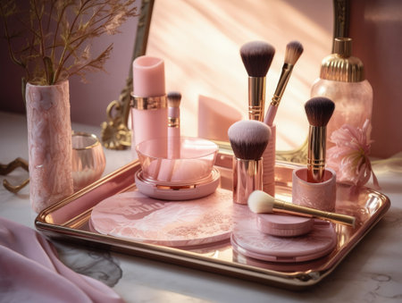 Luxurious pink make up and perfume set on the pink table. Generative AIの素材