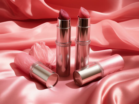 glamorous pink lipstick on fur background. Generative AIの素材