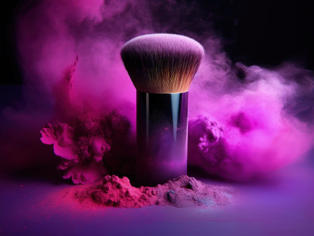 Make up brush with purple powder isolated on black background. Generative AIの素材
