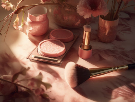 Luxurious pink make up and perfume set on the pink table. Generative AIの素材