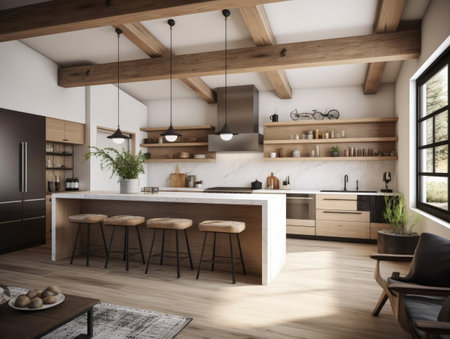 Modern contemporary wooden kitchen room. Generative AIの素材