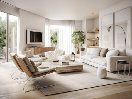 White modern living room with television and decoration. Generative AIの素材