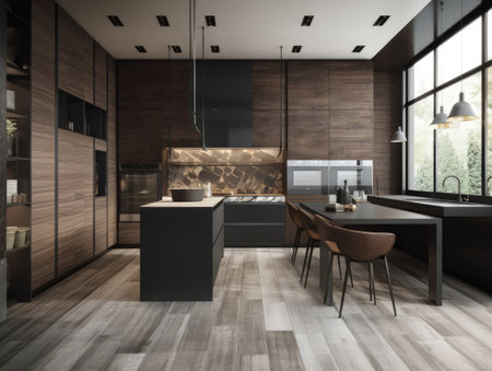 Modern contemporary wooden kitchen room. Generative AIの素材