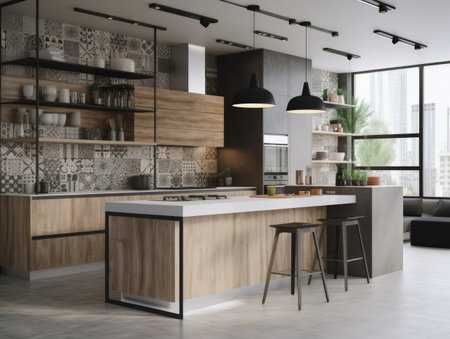 Modern contemporary wooden kitchen room. Generative AIの素材