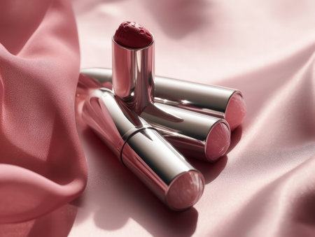 glamorous pink lipstick on fur background. Generative AIの素材