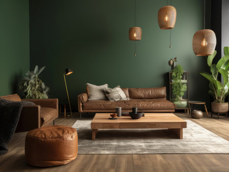 Dark green bohemian living room with leather couch. Generative AIの素材