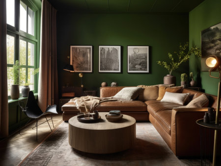 Dark green bohemian living room with leather couch. Generative AIの素材