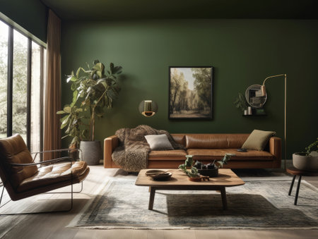 Dark green bohemian living room with leather couch. Generative AIの素材