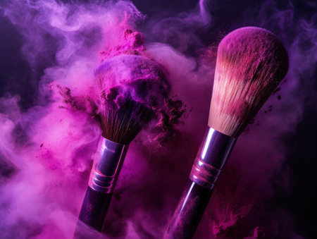Make up brush with purple powder isolated on black background. Generative AIの素材