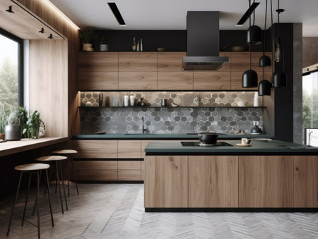 Modern contemporary wooden kitchen room. Generative AIの素材