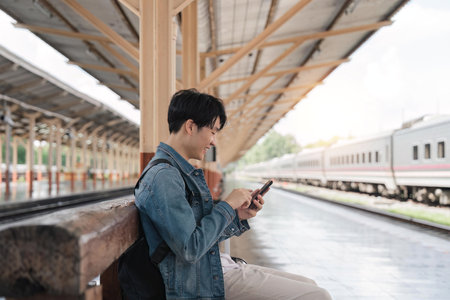 Young handsome man sitting and using smartphone at train station