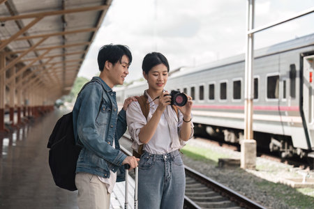 Beautiful couple at railway station waiting for the train. Young woman take pictures of trains. woman and man waiting to board a trainの写真素材