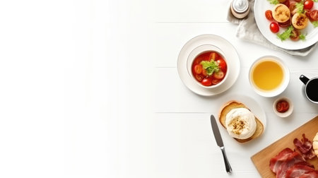Top view of tasty english breakfast on the table with copy space. Generative AIの素材