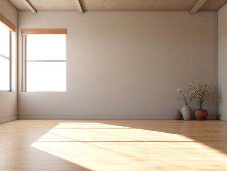 Empty modern living room with decoration and large window. Generative AIの素材