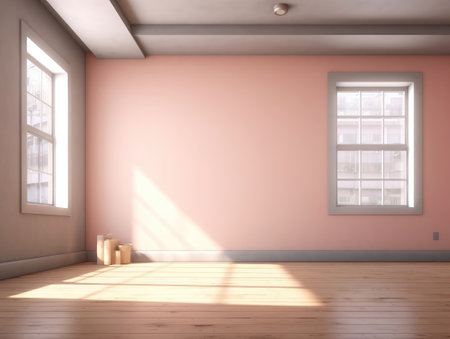 Empty modern living room with decoration and large window. Generative AIの素材