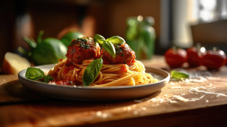 Close up view of classic tomato spaghetti with meatball, Italian dish. Generative AI.の素材