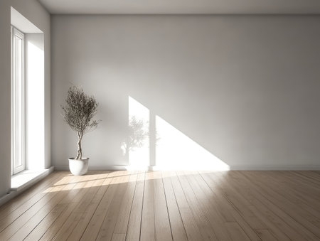 Empty modern living room with decoration and large window. Generative AIの素材