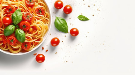 Top view of beautiful delicious tomato spaghetti with copy space, famous Italian dish. Generative AIの素材