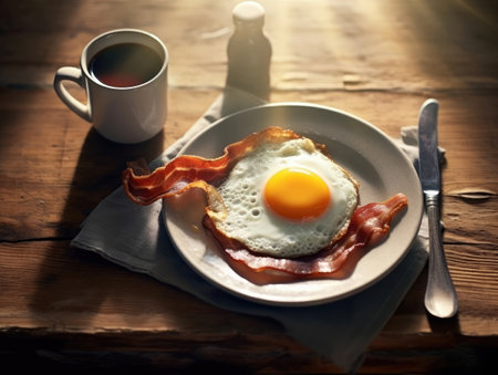 Close up view of toast, fried eggs and coffee on wooden table. Generative AIの素材
