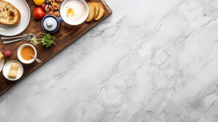 Top view of tasty english breakfast on the table with copy space. Generative AIの素材